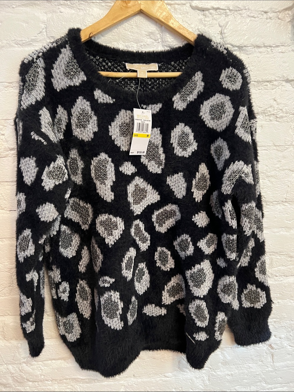 MICHAEL Michael Kors Black and Gray Leopard-Print Fuzzy Crewneck Sweater